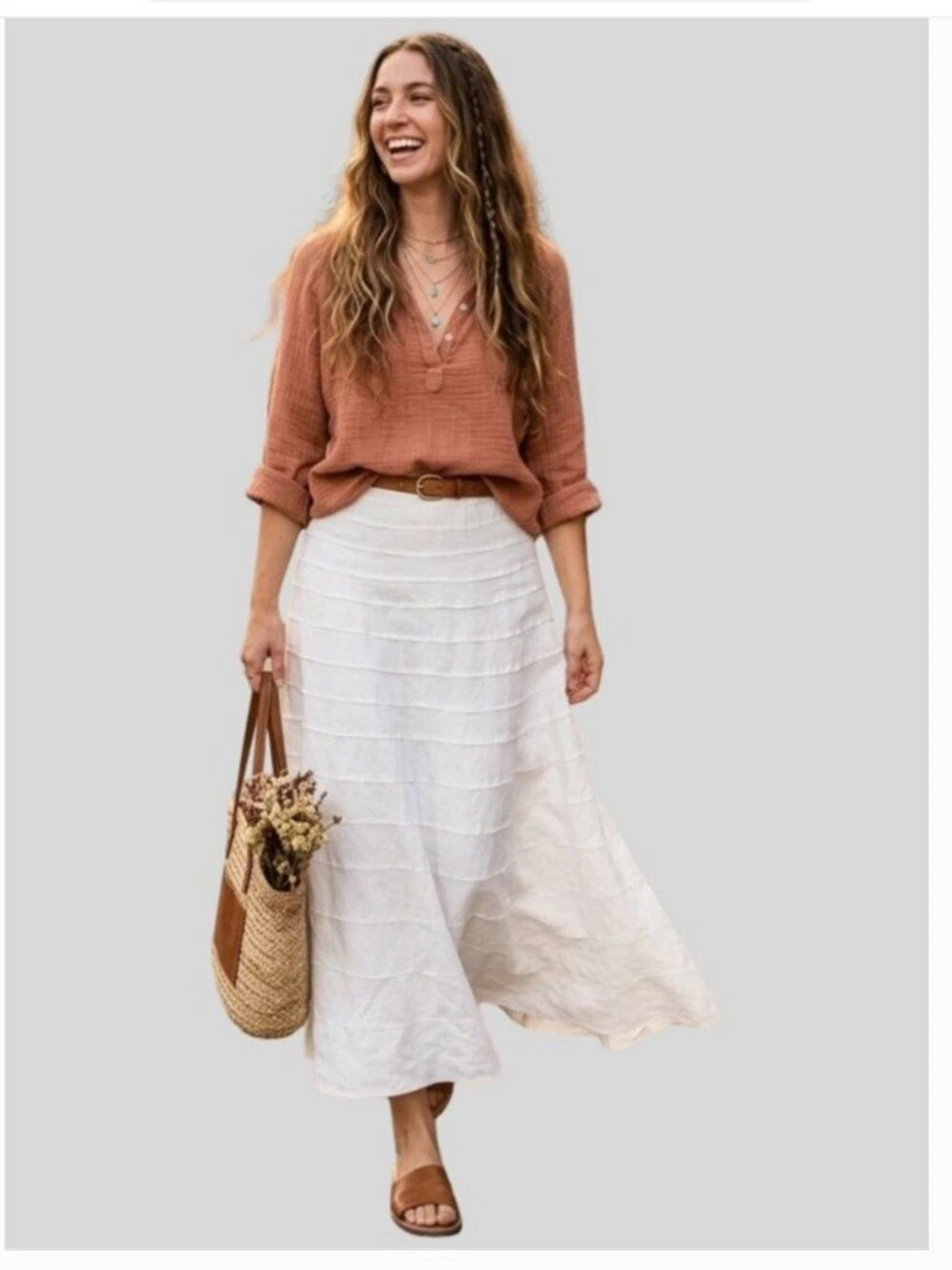 Soft Surroundings Linen Tiered Midi Skirt Ivory Sz L Boho Coastal Cottagecore