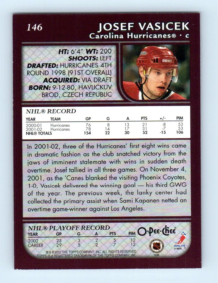 2002-03 O-Pee-Chee ! Josef Vasicek Carolina Hurricanes #146 - Image 2 of 2