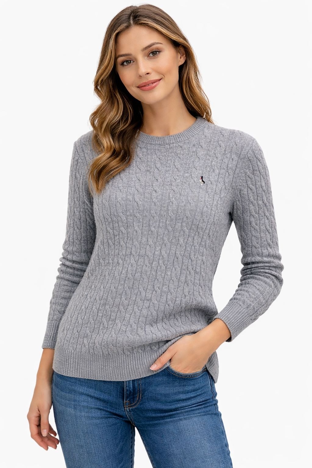 Jack Wills Sweater Women's Size XS Cable Knit Gray Merino Wool Pullover Preppy