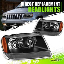 Factory Style Headlight Lamps For Jeep Grand Cherokee Wj 99-04 Black Amber Pair