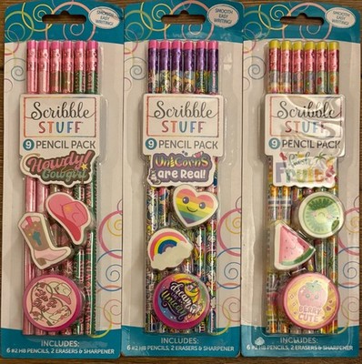 Scribble Stuff 9 Pencil Pack-6 pencils 2 eraser & sharpener 3 Packs Factory Seal
