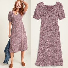 Old Navy Fit Flare Burgundy Floral Dress Womens Sz XXL Midi Boho Summer Smocked