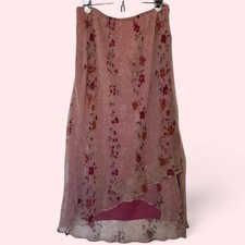 Vintage Y2K Sheer Floral Layered Midi Skirt Pink Stretch Waist Size 14