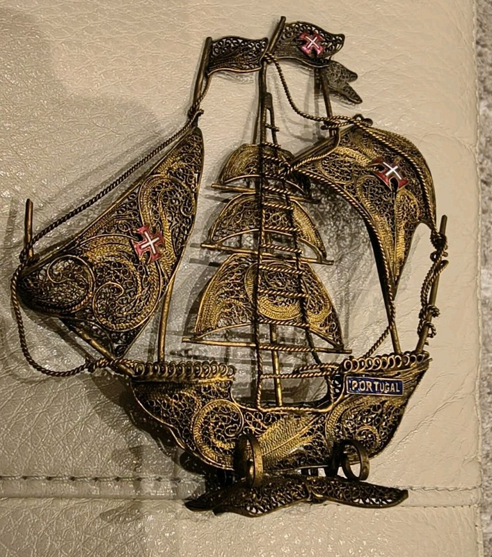 Vintage  Caravel Ship Figurine -Portugal -- Filigree Gold Gilt, Enamel  NICE 