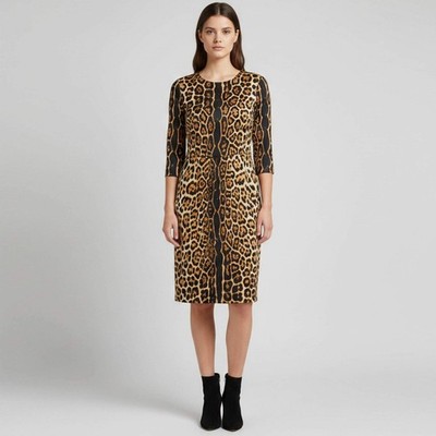 Yves Saint Laurent Midikleid Beige Schwarz Leopardenmuster Seide M
