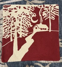 Pottery Barn Christmas Winter Cabin Crewel Pillow Cover 18x18in