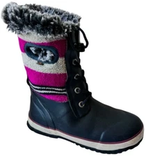 BOGS Arcata Snow Boots Girls size 2 Pink Stripe Waterproof Winter Rain Wool Fur