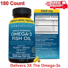Viva Naturals Omega 3 Fish Oil 2500mg Triple Strength EPA DHA DPA 180 Softgels