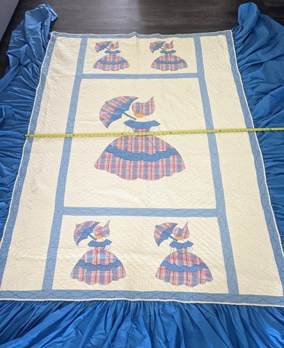 Antique 1920s Quilt Hand Sewn With Dust Ruffle One Of A Kind Sunbonnet Girls VTG - Picture 9 of 10