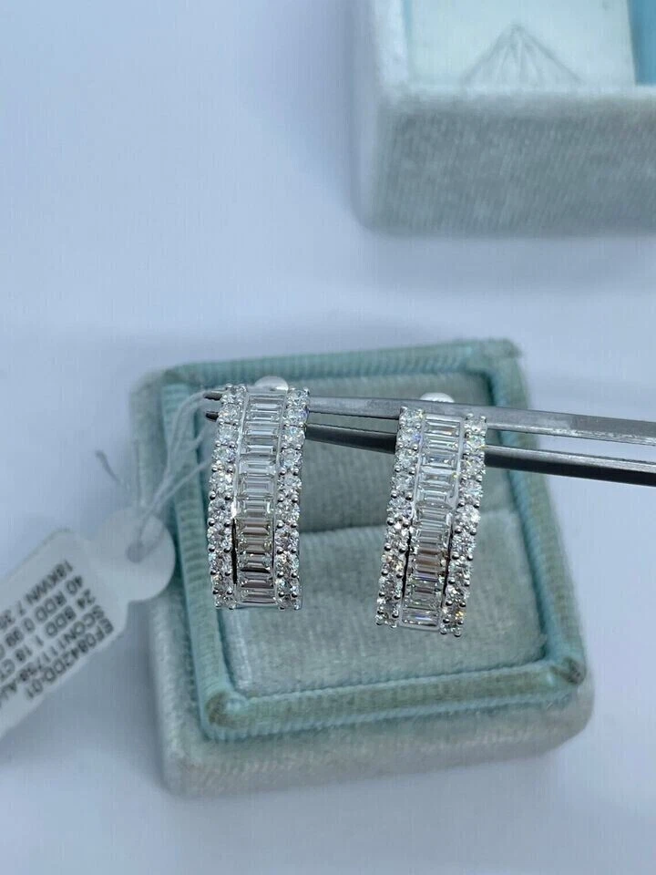 2.10Ct Baguette Cut Real Moissanite Huggie Hoop Earrings 14K White Gold Plated - Image 3 of 4