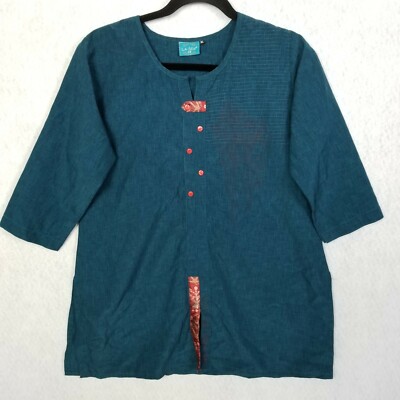 LA FILLE Women's Tunic ~ Contrasting Buttons and Trim ~ Teal 3/4 Sleeve ~ XL