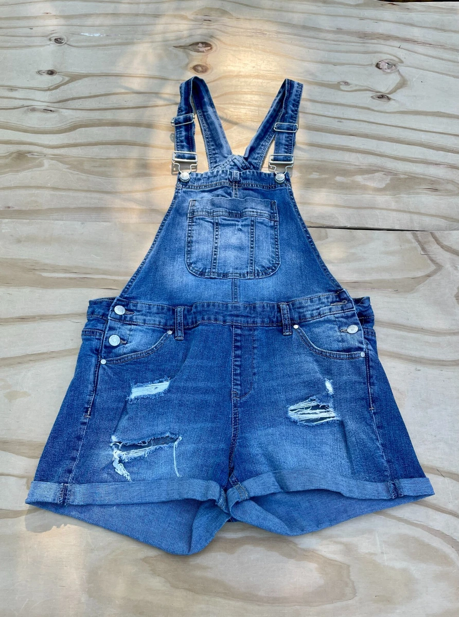 Blue Spice Bib Overalls Denim Shorts Cuffed Tattered Cotton Women s Size 11