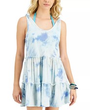 MIKEN Swim Cover Up Dress Cotton Tiered Tie Dye Blue White Size Large 28 - NWT