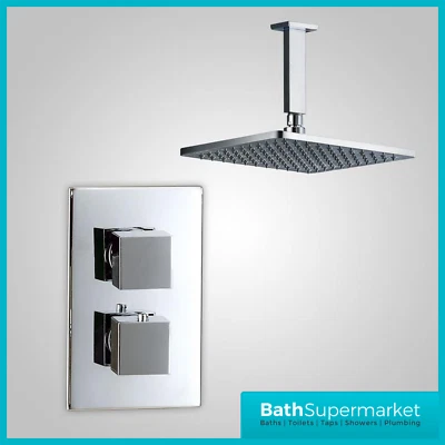 PLUMBWORKZ Concealed Thermostatic Shower Mixer Valve Chrome Square 300 Ceiling Shower Head