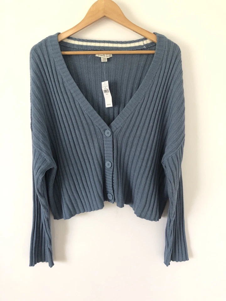 Cárdigan recortado tejido grueso azul American Eagle botón delantero suéter XL Preppy