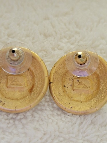 Royal Egyptian Enamel Pierced Earrings W Lapis Cabochon Center Soft Gold Finish - Picture 10 of 12