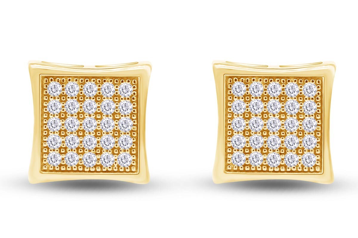Men's Micro-Pavé Square Design Diamond Stud Earrings 0.32ct 10K Yellow Gold