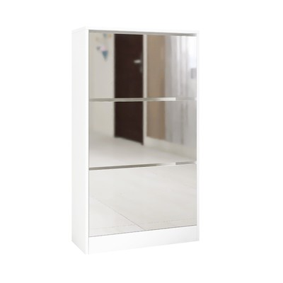 Narrow Shoe Storage Cabinet with Mirror, Wood Slim 3 Tier Rack for Home & Apt