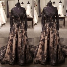 Gothic Champagne and Black Wedding Dresses Long Sleeves V Neck Bridal Gowns