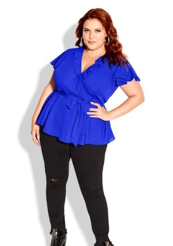 Top Evans City Chic taglia M UK 18 blu cobalto arricciato nuovo con etichetta - Foto 2 di 6