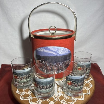 Rare Budweiser Clydesdales King Of Beer Glasses Ice Bucket Holiday 1960s Barware