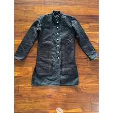 Black Textured Silk Embroidered Button Front sherwani mens