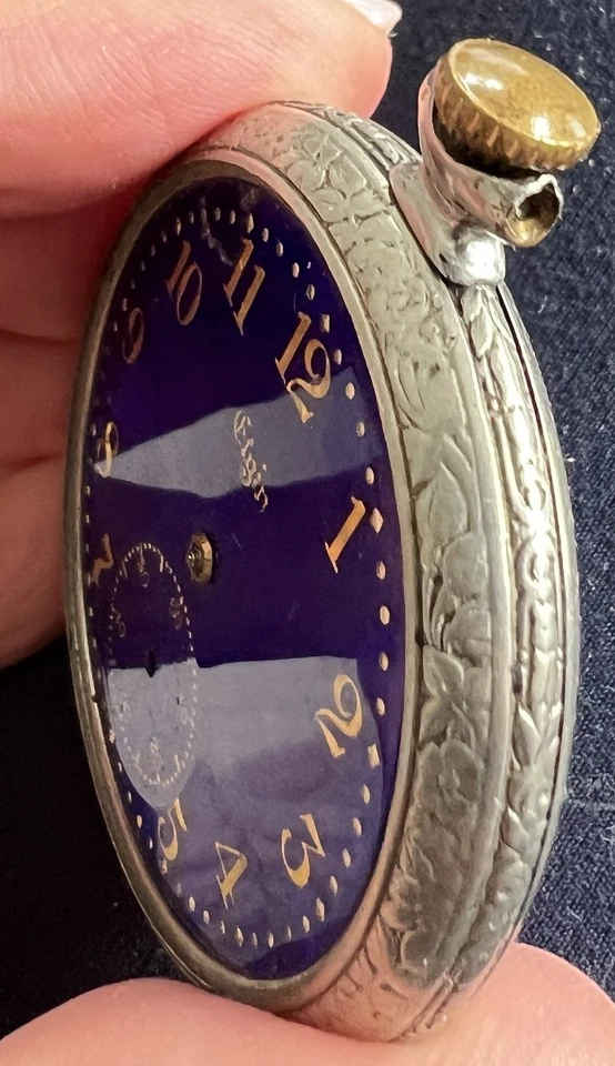 Antiguo Reloj Bolsillo ELGIN 1900 Esmalte Guilloche Azul Cobalto Esterlina Piezas Foto 2 de 4