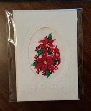 Finished/Completed Cross Stitch: Tri-fold Card w/Envelope: "Poinsettias"