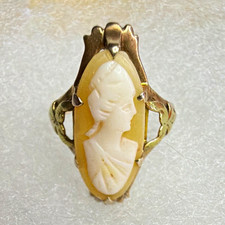 10k Yellow Gold Shell Cameo Portrait Ring Oval Cream Beauty Theme sz 5
