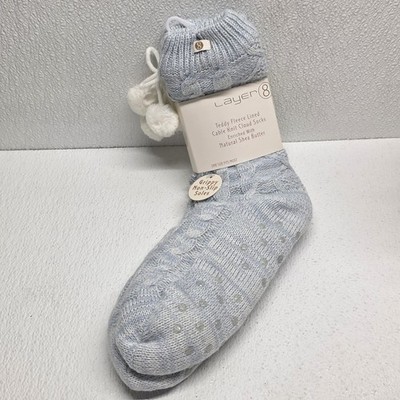 Layer 8 Teddy Fleece Lined Cable Knit Cloud Socks Grippy Soles Light Blue