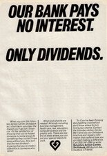 1985 Vintage Print Ad Our Bank Pays No Interest Only Dividends Voluntary Skills