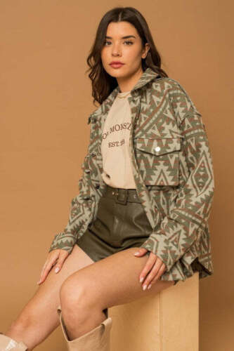Aztec Print Shacket Long Sleeve Button Closure 3D Pockets Casual Fit