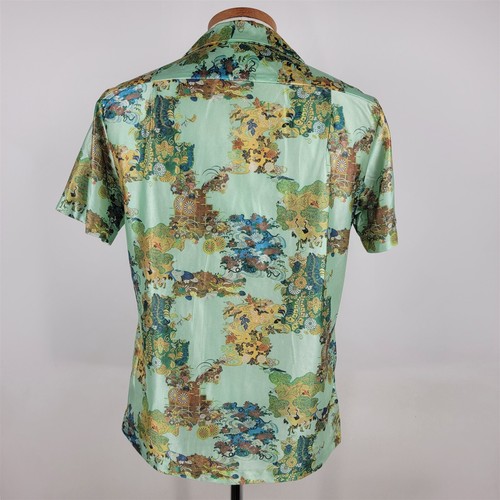 Vintage Asian Patterned Short Sleeve Floral Hawaiian Aqua Shirt Made in Hawaii - Picture 6 of 10