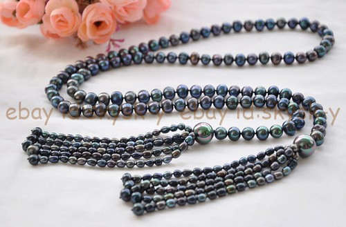9-10mm Rainbow Black Freshwater Pearl 6-7mm Rice Pearl Tassel Necklace 50'' AA - Picture 3 of 4