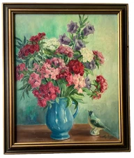 Signed MATHY LAGE Mid 20th BOUQUET of CARNATIONS Oil Painting VIBRANT COLORS