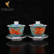 Chinese Old Porcelain Pastel Gold Enamel Dragon Phoenix Pattern Tea Bowls