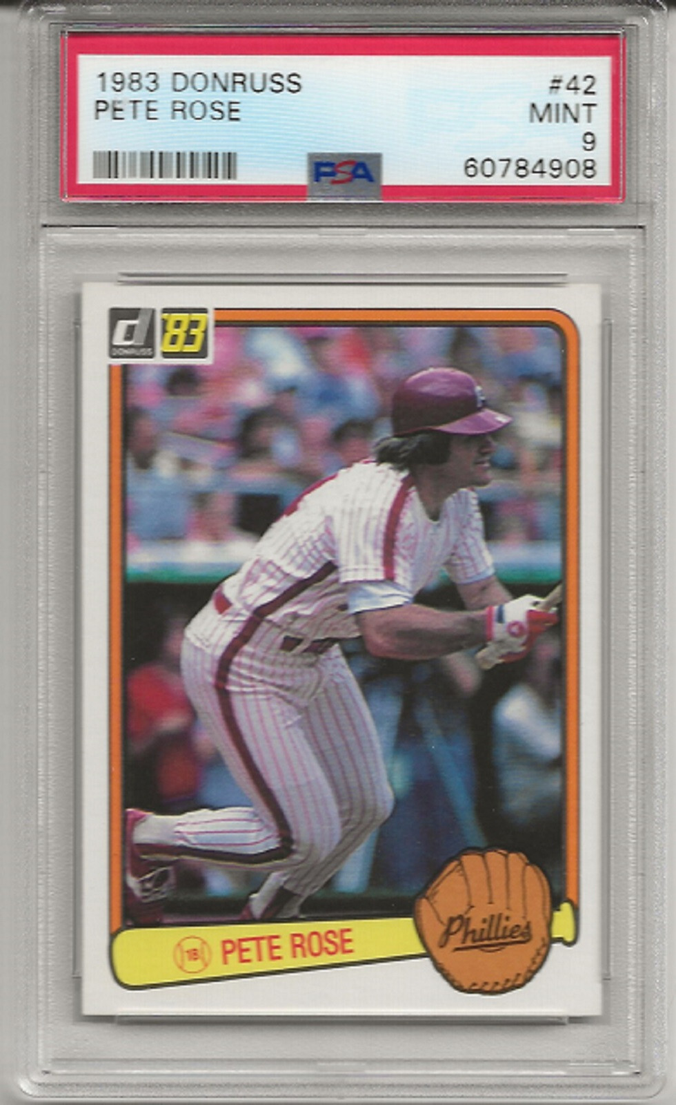1983 DONRUSS #42 PETE ROSE, PSA 9 MINT, PHILADELPHIA PHILLIES, FRESHLY GRADED