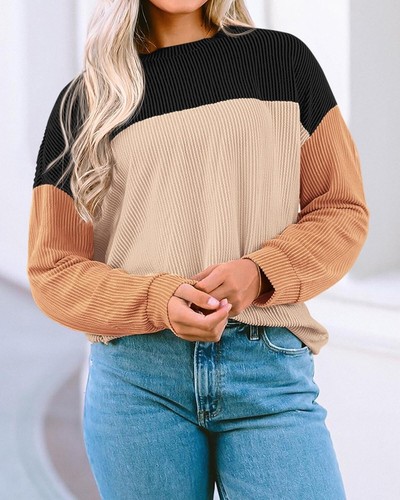Trendy Women’s Color Block Long Sleeve Casual Pullover Tops - Fall Fashion 2024 - Picture 7 of 9