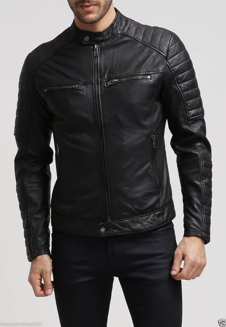 Noora Men's Motorcycle Stylish slimfit Black Lambskin Leather Biker Jacket S14
