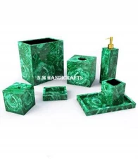 Malachite Bath Set, 7 Pcs, Soap Dispenser, Soap Dish, Vanity Tray, Box, Brush