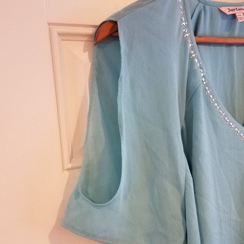 Juicy Couture XXL Layered Cold Shoulder Blouse Embellished Teal Blue E15 - Picture 4 of 9