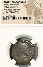 Nero Egypt Alexandria BI Tetradrachm NGC F Yr 14 AD 67/8 Apollo Pythios