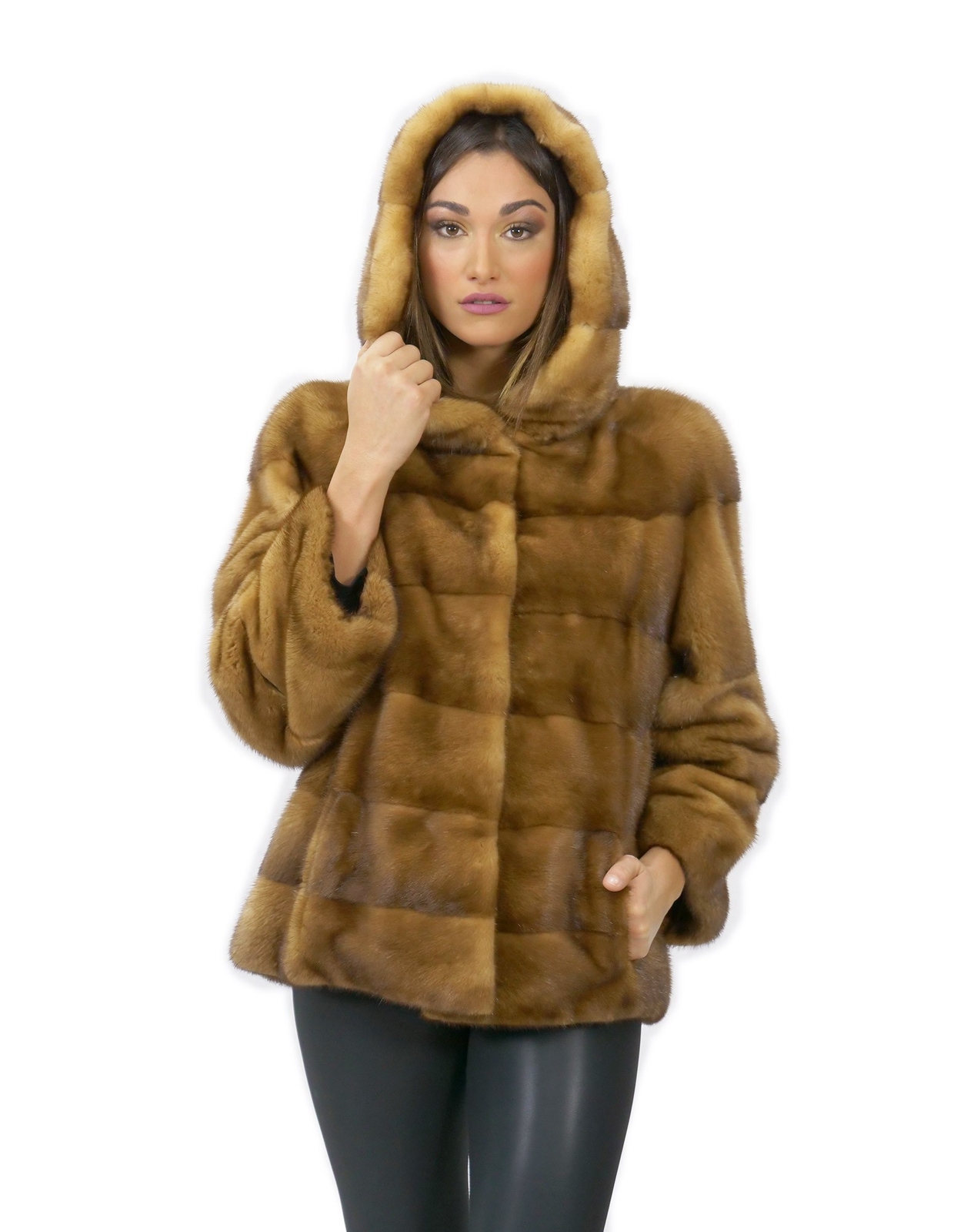 Fur mink short jacket 62 cm golden gold 54 sleeve 3/4 hood