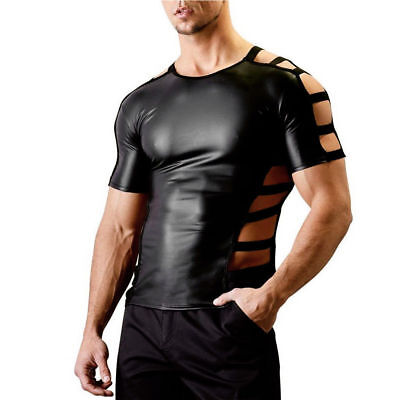 Mens Faux Leather Short Sleeves Tank Top Undershirt T-Shirt Clubwear Costume