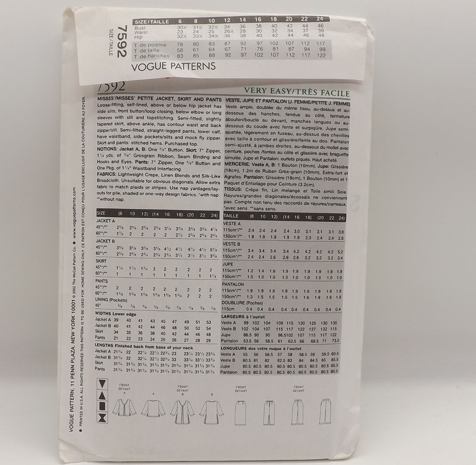 Vogue 7592 Ladies Duster Jacket Pants Skirt Sewing Pattern size 20 22