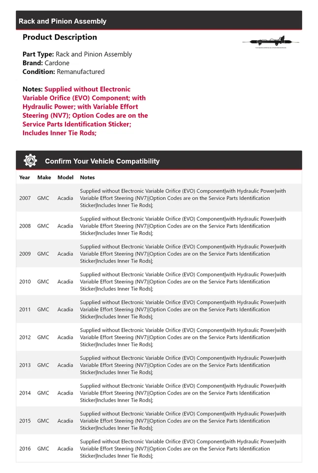Conjunto de piñón y cremallera Cardone 2008 2009 2010 2011 para GMC Acadia 2007-2016 Foto 2 de 4