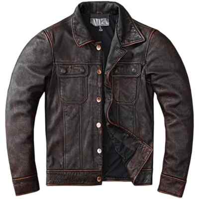 Mens Leather Brown Jean Jacket Slim fit Style Bomber Biker Real Vintage Jacket