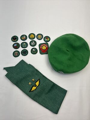 Vintage Girl Scout Large Wool Beret Sash & 12 Merit Badges Patches Lot Made USA