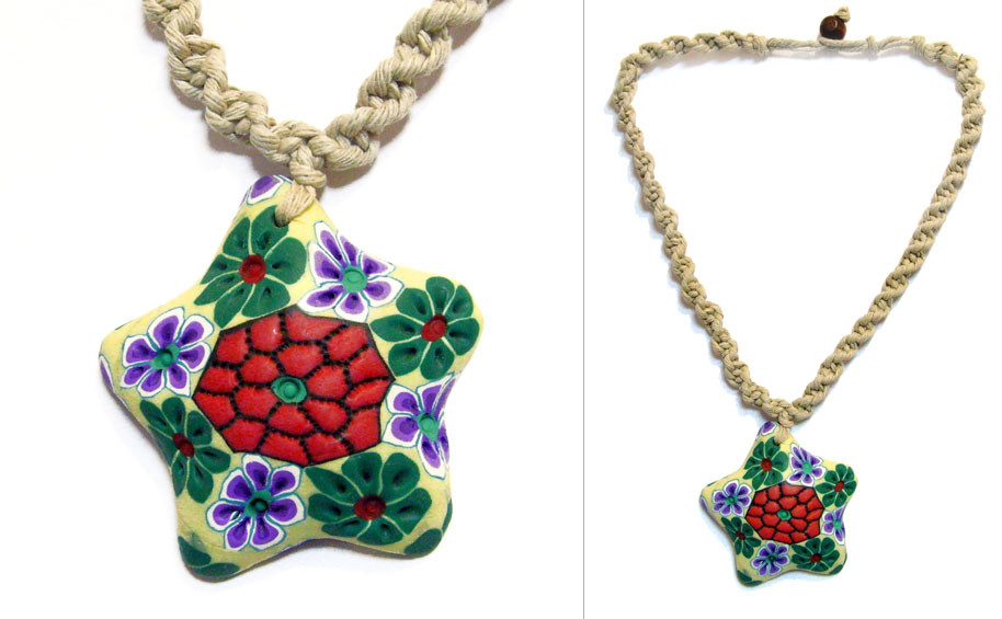 Collier Pendentif étoile En Fimo Millefiori - Motifs Multicolores Sur Fond Rose - Cadeau Fait Main