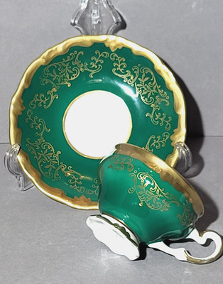 Weimar Porzellan KATHARINA Mokkatasse, Mokkagedeck Grün - Gold 2 tlg.
